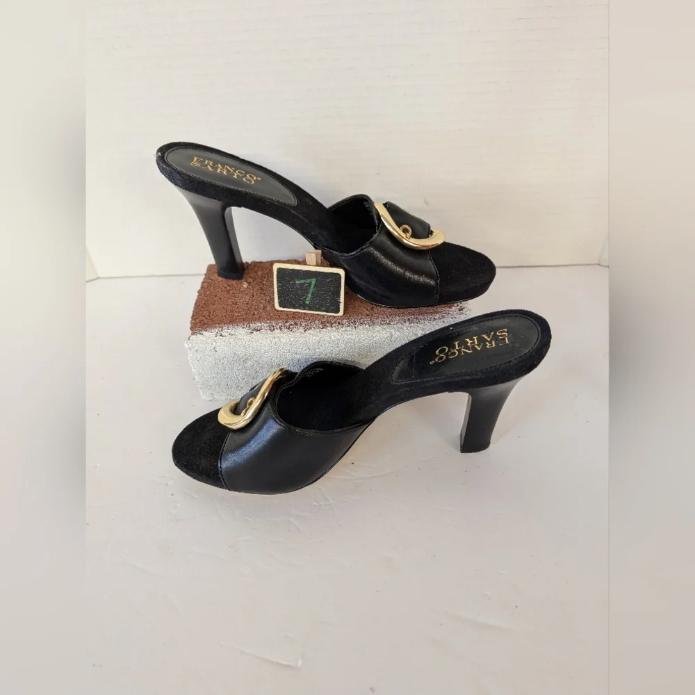 Franco Sarto Black Mule Slides with Gold Buckle